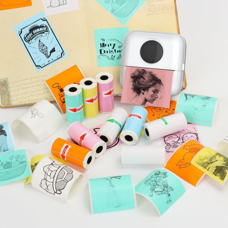 HuiJuKeJi 9 Rolls Mini Printer Sticker Paper Thermal Self-Adhesive Paper 57 * 25mm 3 Rolls of White &6 Rolls of Colour Paper for Pocket Inkless Portable Bluetooth Printer to Print Photo Note - Image 5